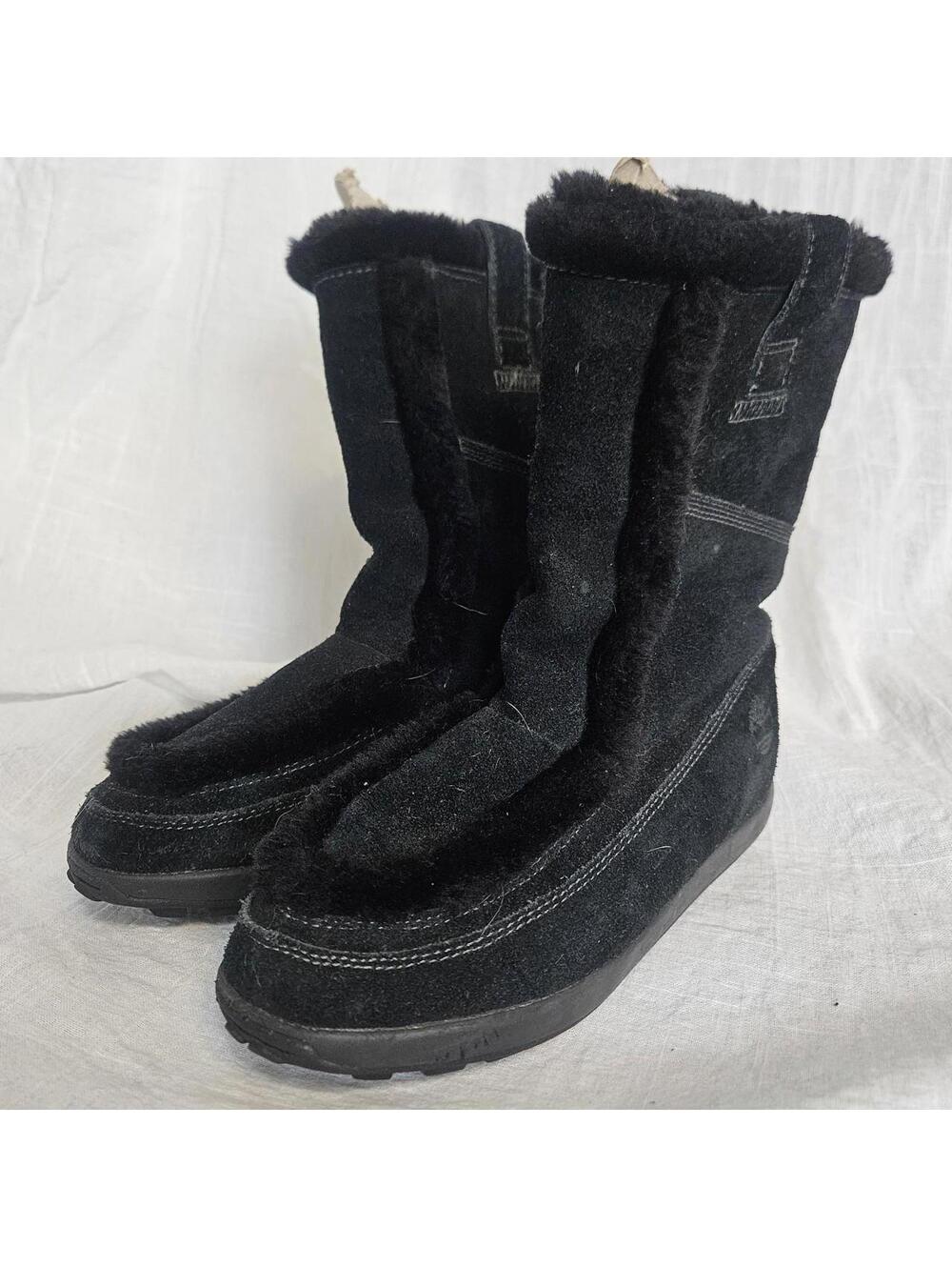 Black genuine suede mid calf boots, faux fur lines sz 7.5